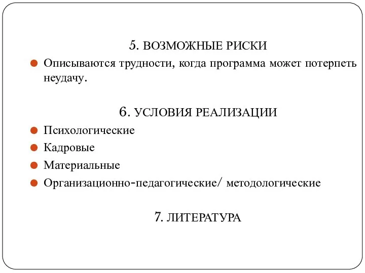 5. ВОЗМОЖНЫЕ РИСКИ Описываются трудности, когда программа может потерпеть неудачу. 6.