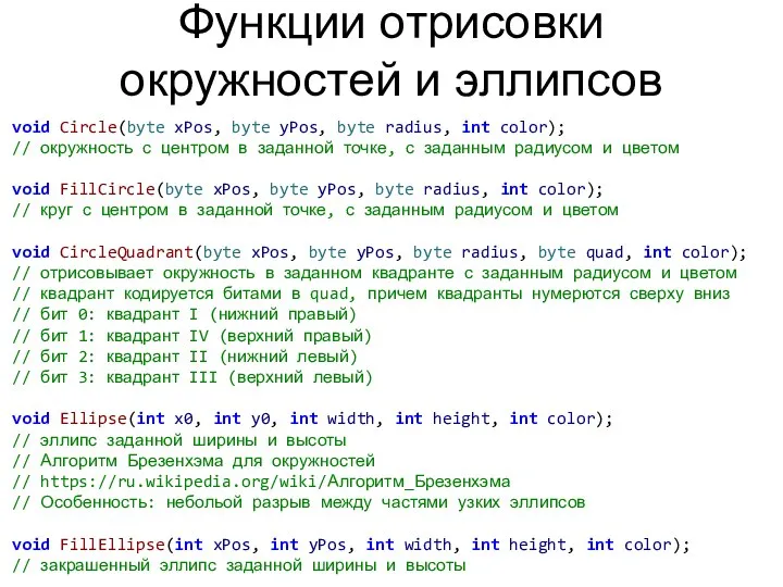 Функции отрисовки окружностей и эллипсов void Circle(byte xPos, byte yPos, byte