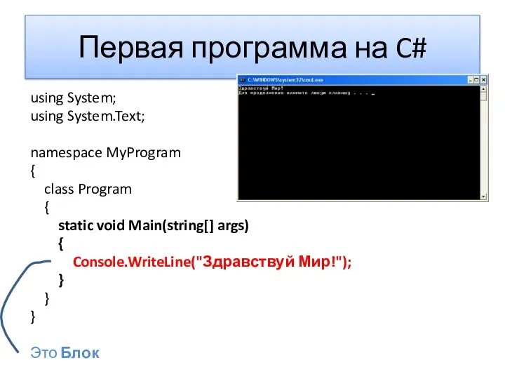 Первая программа на C# using System; using System.Text; namespace MyProgram {