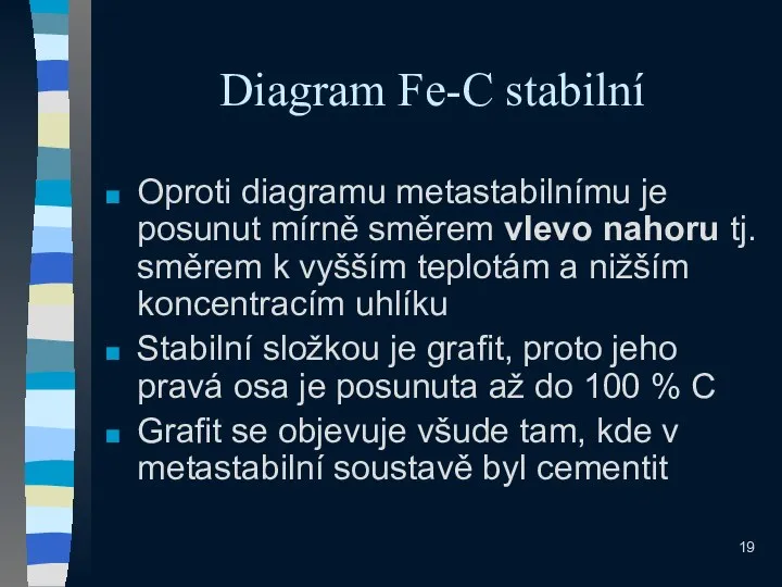 Diagram Fe-C stabilní Oproti diagramu metastabilnímu je posunut mírně směrem vlevo