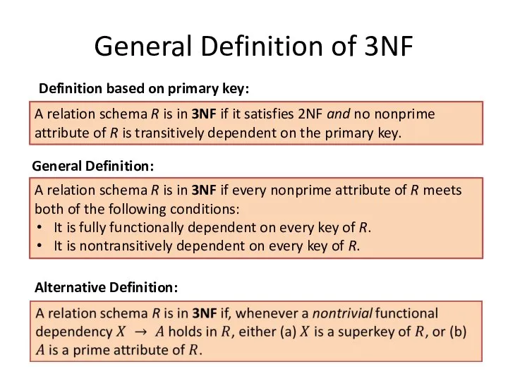 General Definition of 3NF Definition based on primary key: A relation