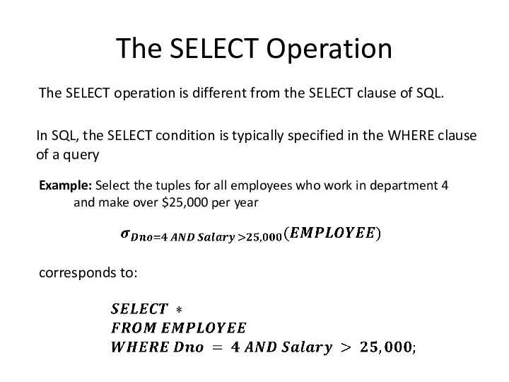 The SELECT operation is different from the SELECT clause of SQL.