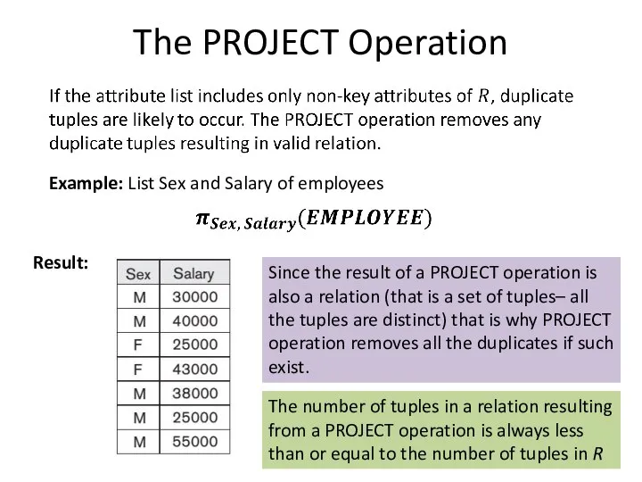 The PROJECT Operation Example: List Sex and Salary of employees Result: