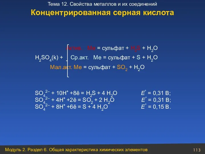 Актив. Ме = сульфат + H2S + H2O H2SO4(k) + Ср.акт.