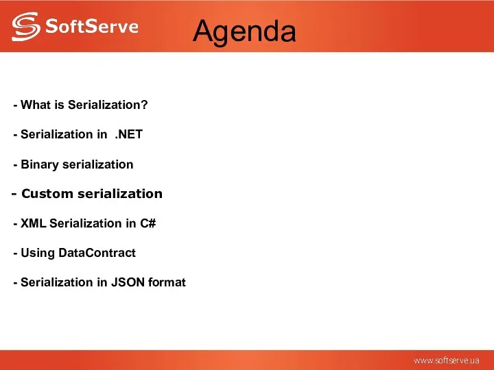 Agenda What is Serialization? Serialization in .NET Binary serialization Custom serialization