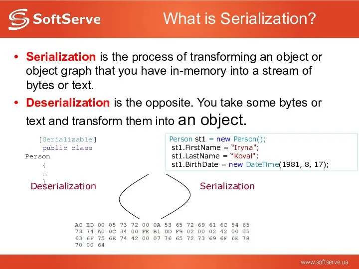 What is Serialization? Serialization is the process of transforming an object