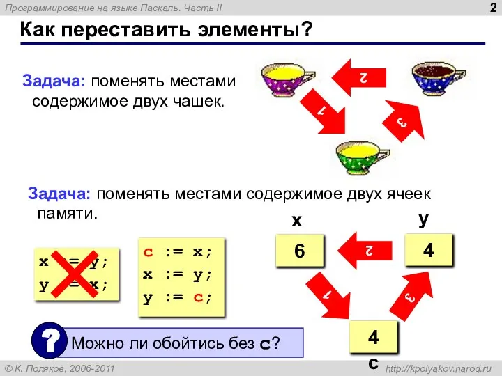 Как переставить элементы? 2 3 1 Задача: поменять местами содержимое двух