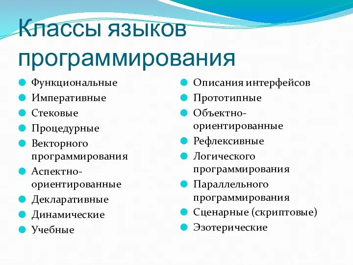 Классы языков программирования Функциональные Императивные Стековые Процедурные Векторного программирования Аспектно-ориентированные Декларативные