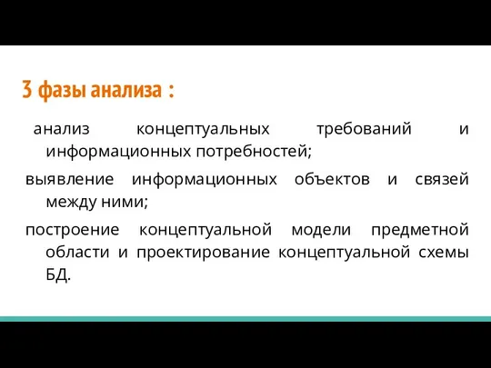 3 фазы анализа : анализ концептуальных требований и информационных потребностей; выявление