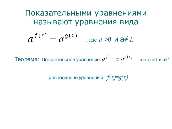 Показательными уравнениями называют уравнения вида , где a >0 и а≠1.