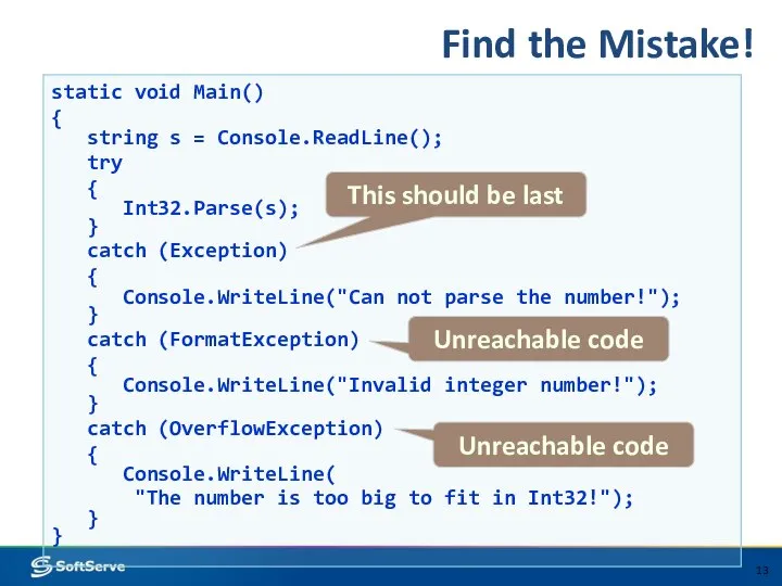 Find the Mistake! static void Main() { string s = Console.ReadLine();