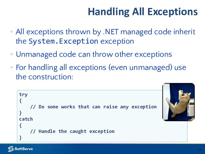 Handling All Exceptions All exceptions thrown by .NET managed code inherit