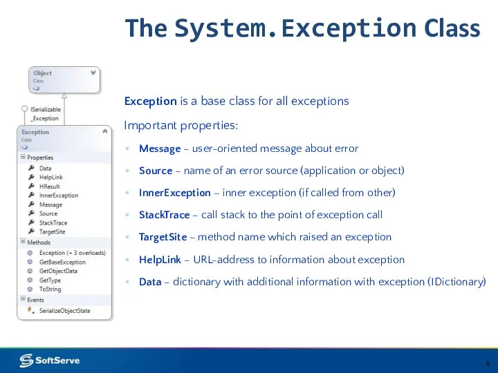 The System.Exception Class Exception is a base class for all exceptions