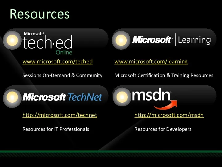 www.microsoft.com/teched Sessions On-Demand & Community http://microsoft.com/technet Resources for IT Professionals http://microsoft.com/msdn