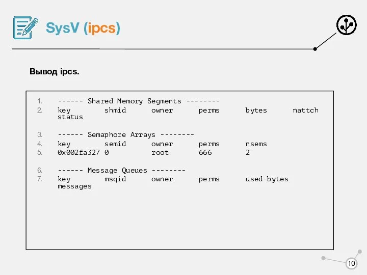 SysV (ipcs) Вывод ipcs. ------ Shared Memory Segments -------- key shmid