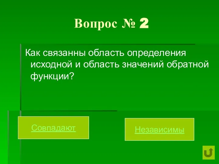 Вопрос № 2 Как связанны область определения исходной и область значений обратной функции? Совпадают Независимы