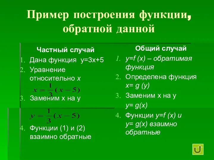 Пример построения функции, обратной данной Частный случай Дана функция у=3х+5 Уравнение