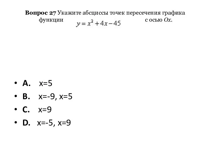 Вопрос 27 Укажите абсциссы точек пересечения графика функции с осью Ox.