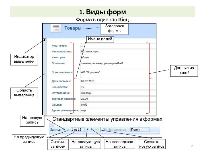 1. Виды форм Форма в один столбец Стандартные элементы управления в