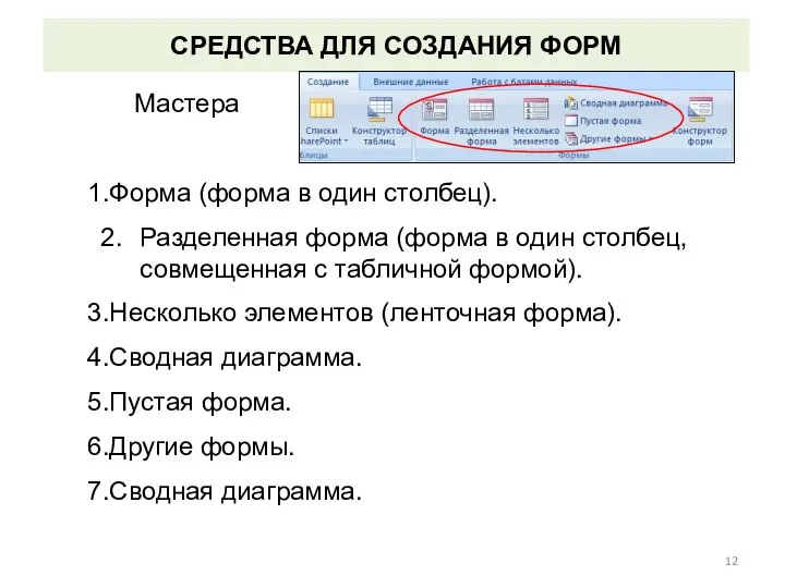 СРЕДСТВА ДЛЯ СОЗДАНИЯ ФОРМ Мастера Форма (форма в один столбец). Разделенная