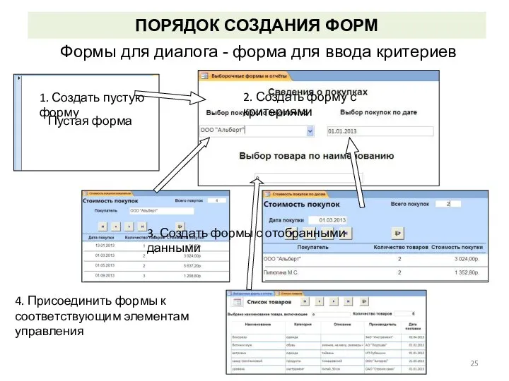 ПОРЯДОК СОЗДАНИЯ ФОРМ Формы для диалога - форма для ввода критериев