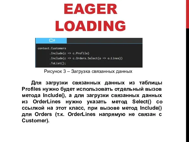 EAGER LOADING Для загрузки связанных данных из таблицы Profiles нужно будет