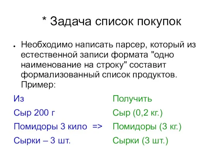 * Задача список покупок Необходимо написать парсер, который из естественной записи