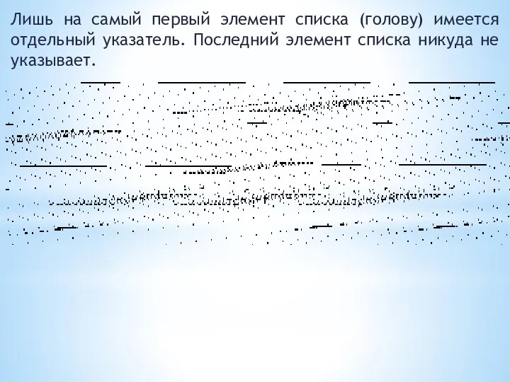 Лишь на самый первый элемент списка (голову) имеется отдельный указатель. Последний элемент списка никуда не указывает.