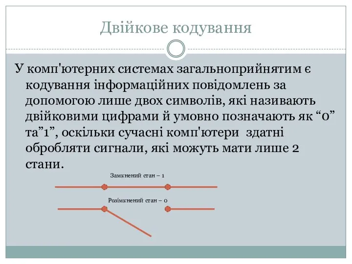 Двійкове кодування У комп'ютерних системах загальноприйнятим є кодування інформаційних повідомлень за