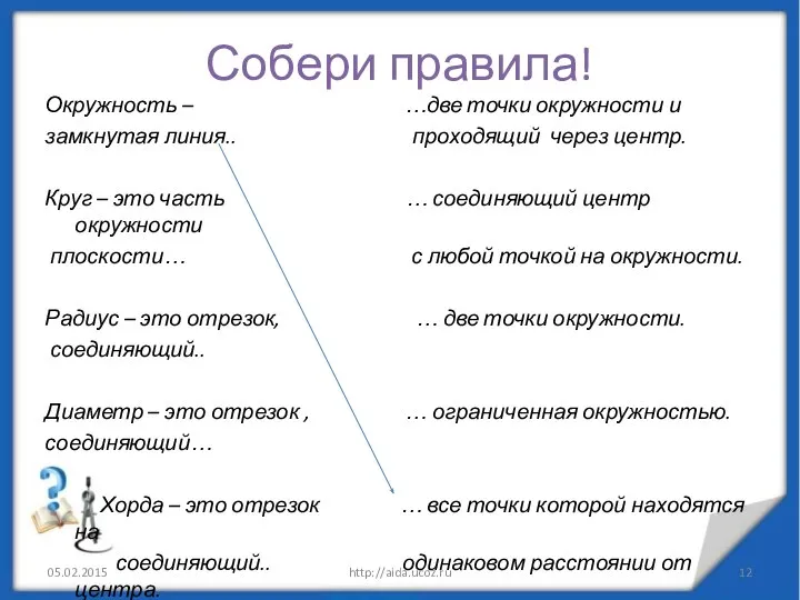 Собери правила! Окружность – …две точки окружности и замкнутая линия.. проходящий