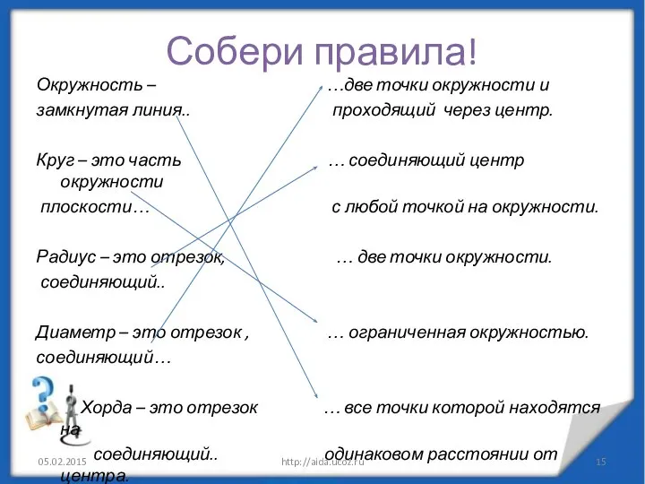 Собери правила! Окружность – …две точки окружности и замкнутая линия.. проходящий