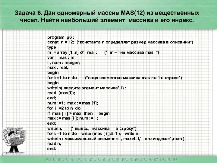 Задача 6. Дан одномерный массив MAS(12) из вещественных чисел. Найти наибольший