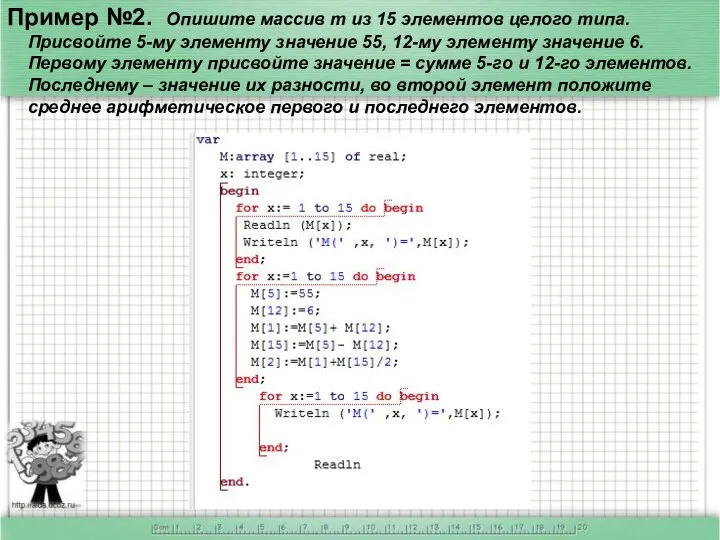 Пример №2. Опишите массив m из 15 элементов целого типа. Присвойте