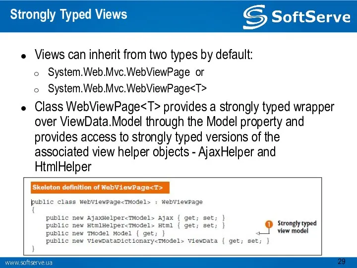 Strongly Typed Views Views can inherit from two types by default: