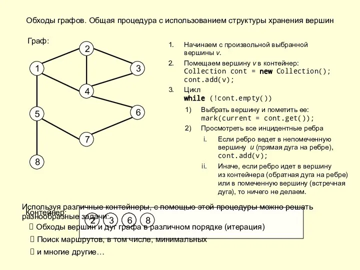 Обходы графов. Общая процедура с использованием структуры хранения вершин 1 2