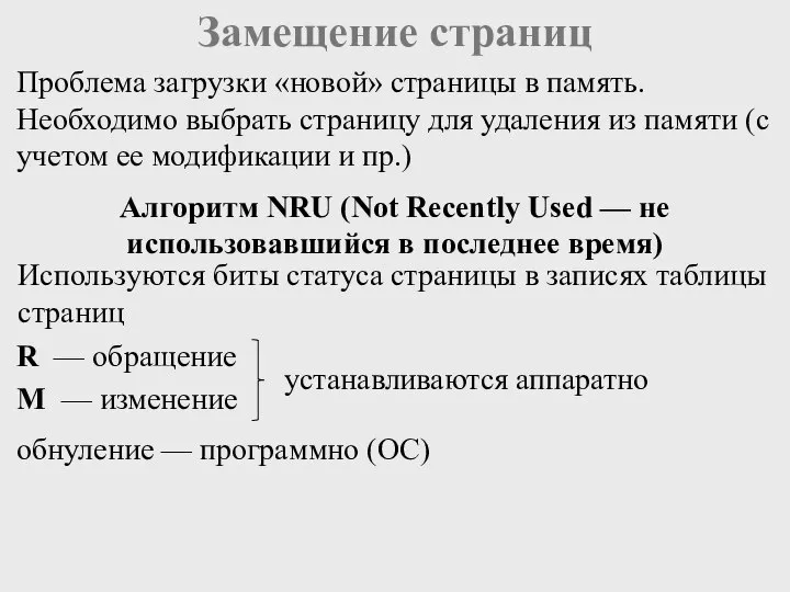 Замещение страниц Проблема загрузки «новой» страницы в память. Необходимо выбрать страницу