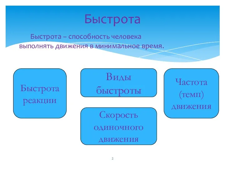 Быстрота – способность человека выполнять движения в минимальное время. Быстрота Быстрота