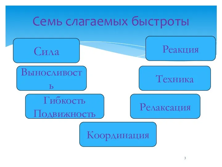 Семь слагаемых быстроты Сила Выносливость Гибкость Подвижность Релаксация Координация Техника Реакция