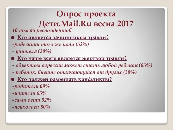 Опрос проекта Дети.Mail.Ru весна 2017 10 тысяч респондентов Кто является зачинщиком