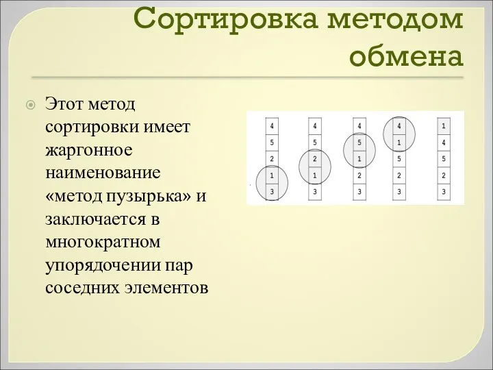 Сортировка методом обмена Этот метод сортировки имеет жаргонное наименование «метод пузырька»