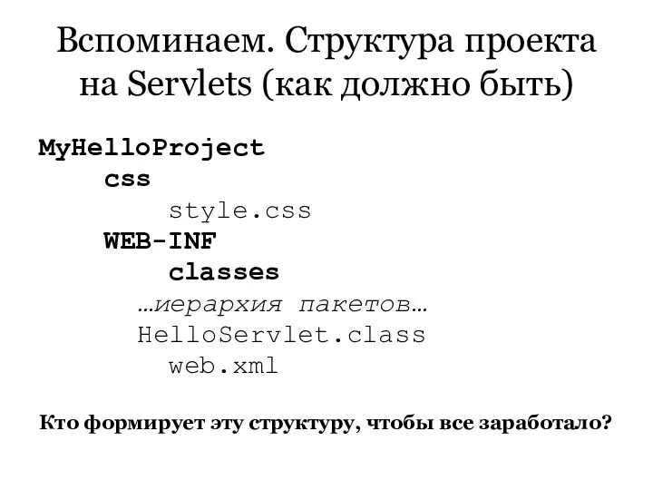 Вспоминаем. Структура проекта на Servlets (как должно быть) MyHelloProject css style.css