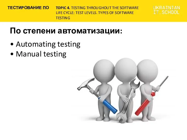 По степени автоматизации: • Automating testing • Manual testing