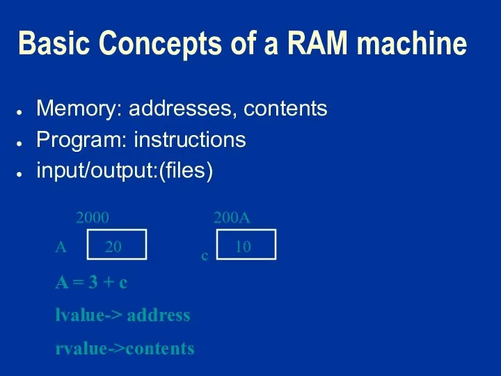 Basic Concepts of a RAM machine Memory: addresses, contents Program: instructions