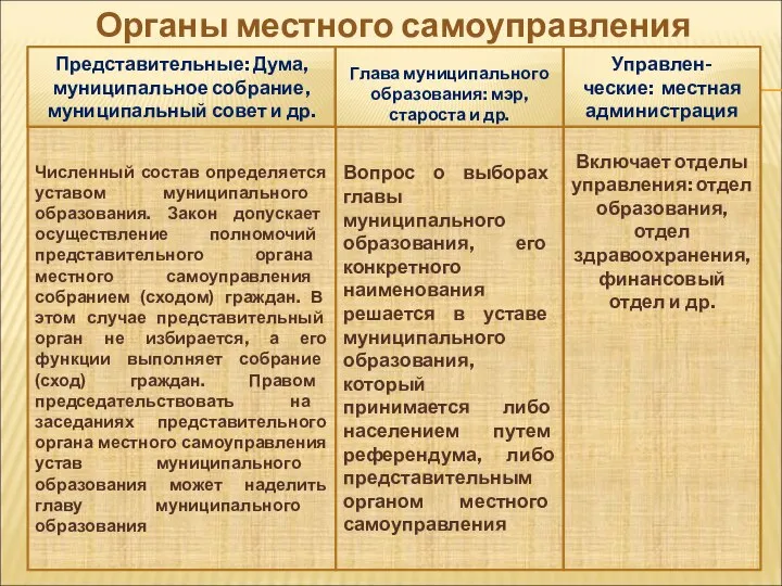 Органы местного самоуправления Представительные: Дума, муниципальное собрание, муниципальный совет и др.