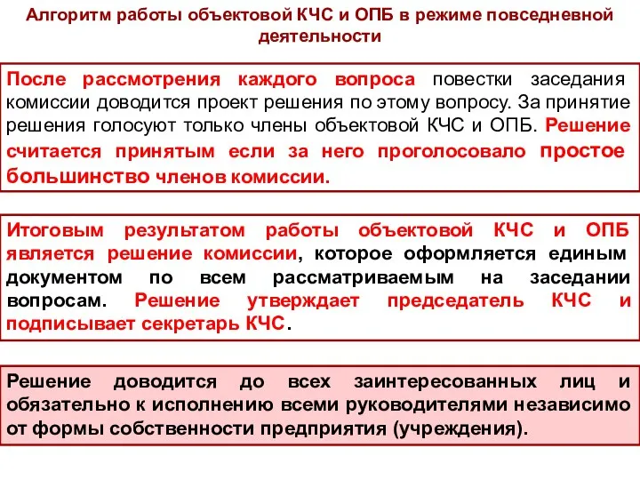 Итоговым результатом работы объектовой КЧС и ОПБ является решение комиссии, которое