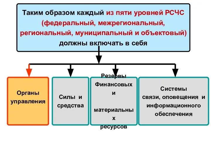 Таким образом каждый из пяти уровней РСЧС (федеральный, межрегиональный, региональный, муниципальный