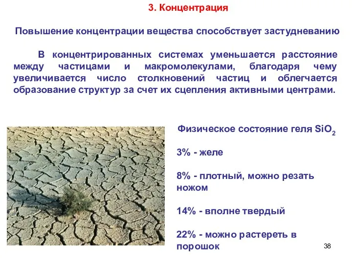 3. Концентрация Повышение концентрации вещества способствует застудневанию В концентрированных системах уменьшается