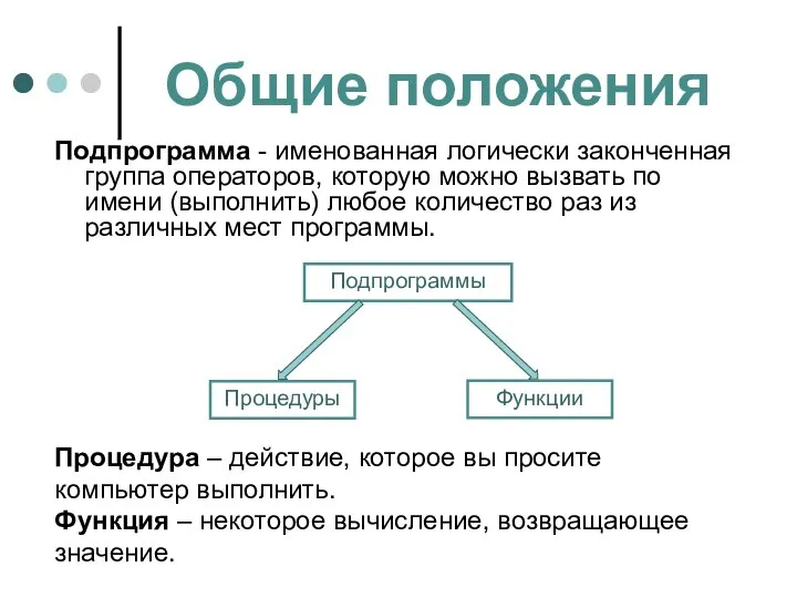 Общие положения Подпрограмма - именованная логически законченная группа операторов, которую можно