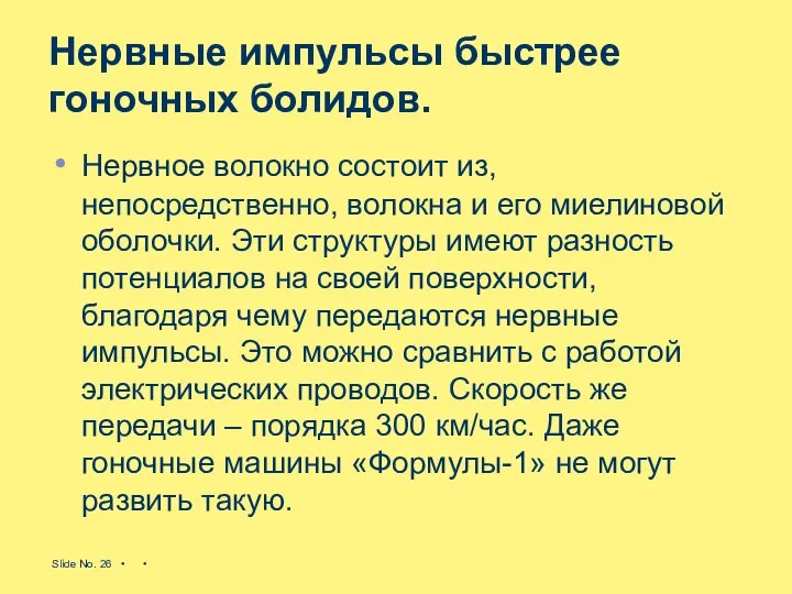 Нервные импульсы быстрее гоночных болидов. Нервное волокно состоит из, непосредственно, волокна