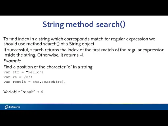 String method search() To find index in a string which corresponds